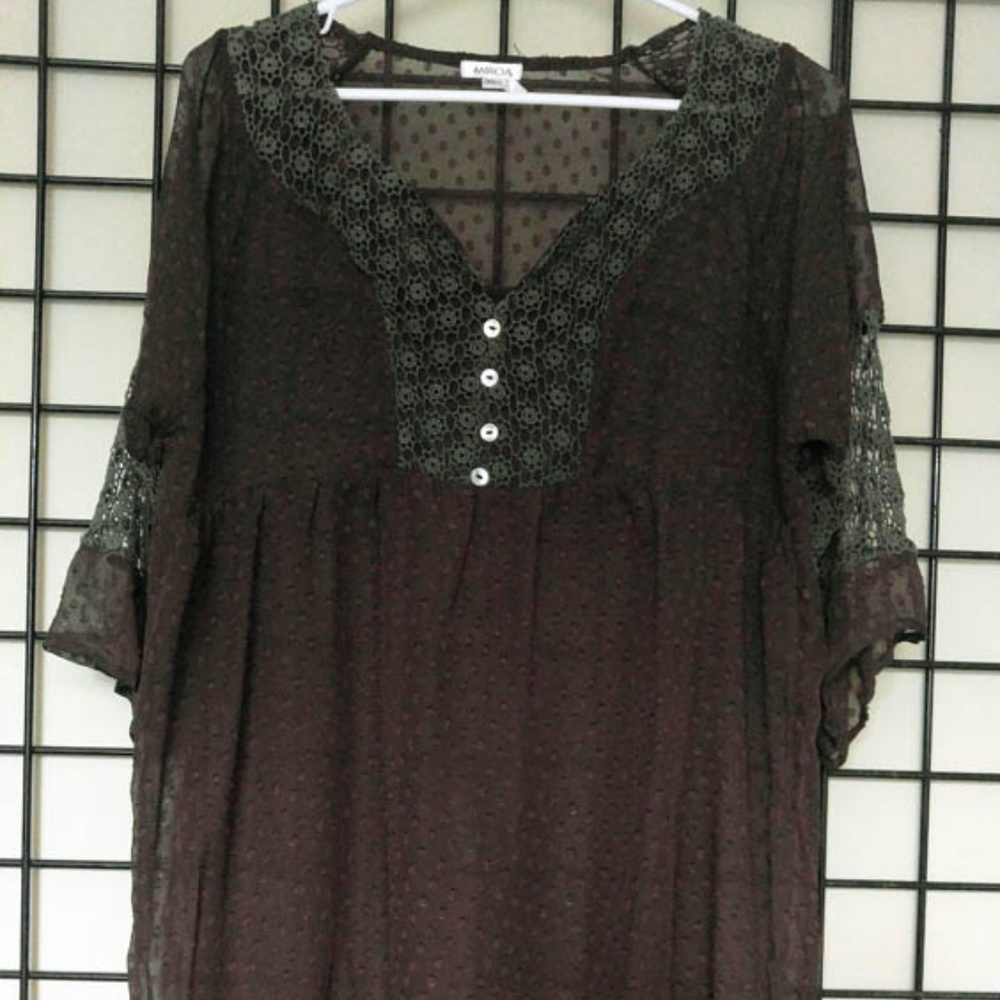 Miroa Brown Sheer Contrast Lace Top